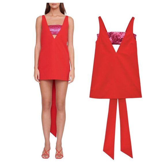 STAUD Irie V-Neck Bow Minidress Poinsettia Shocking Pink - Picture 2 of 4